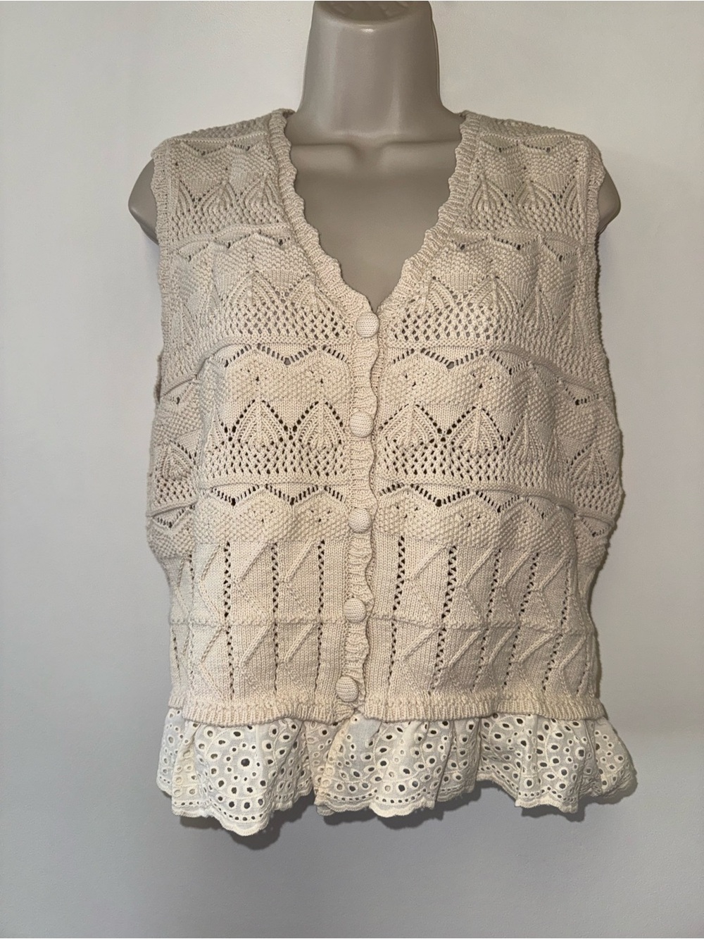 Marled (Large) Cream Crochet Knit Buttoned Sweater Vest